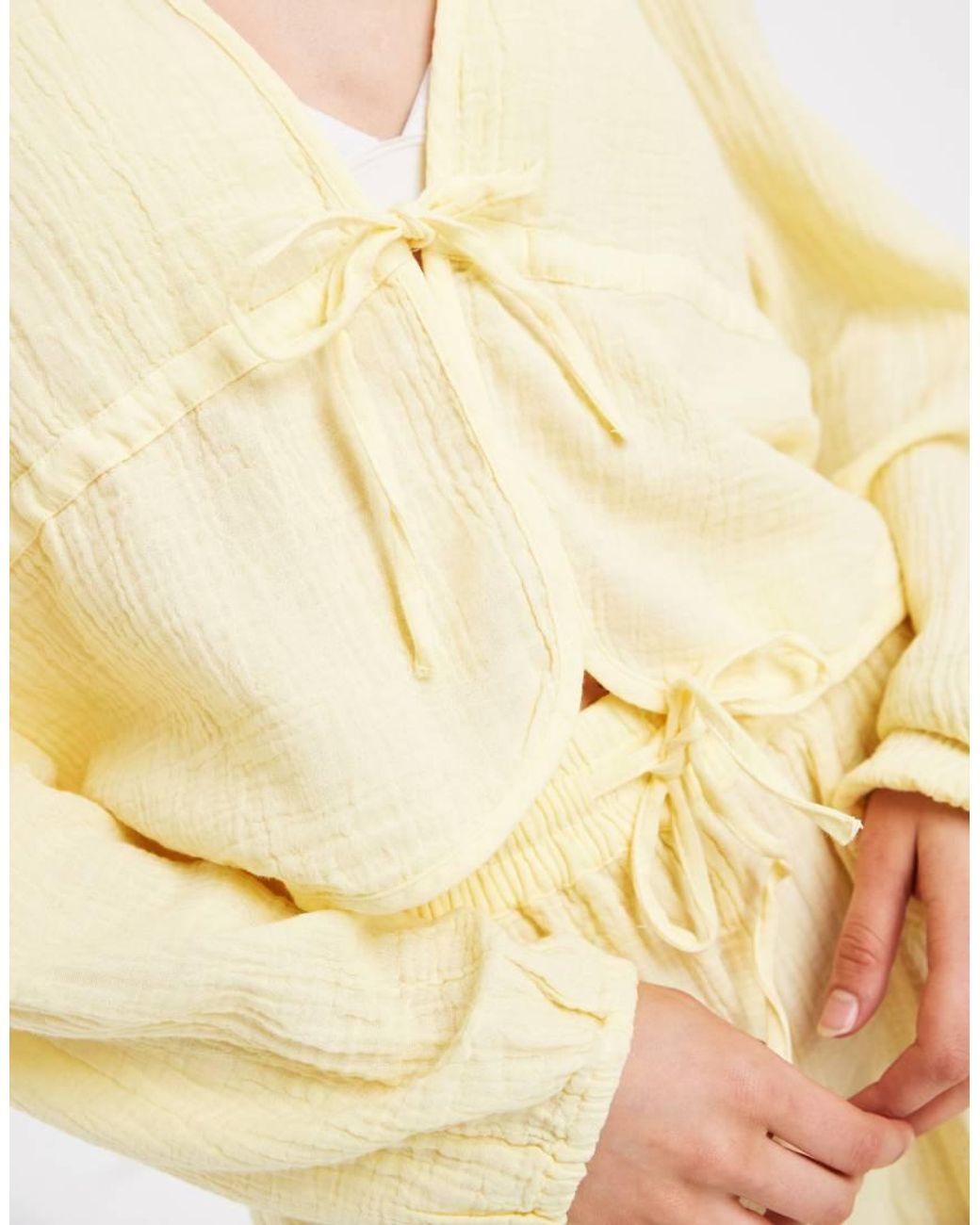 Pieces Natural Crinkled Cotton Tie Front Long Sleeve Top