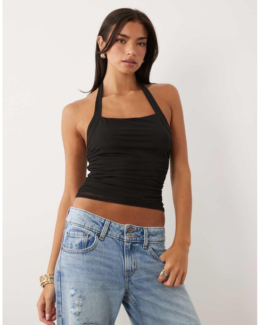 ASOS Black Mesh Ruched Halter Top