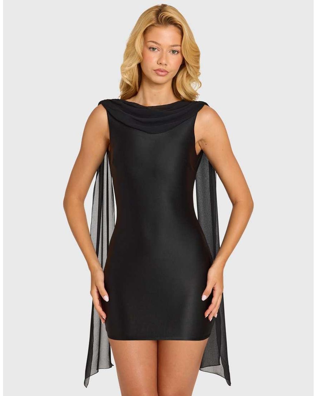 Oh Polly Black Satin Drape Open Back Scarf Detail Mini Dress