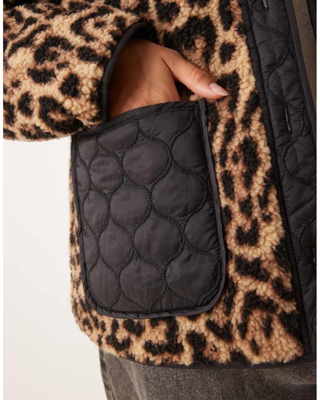ASOS Natural Leopard Borg Fleece Jacket With Quilted Nylon Detail