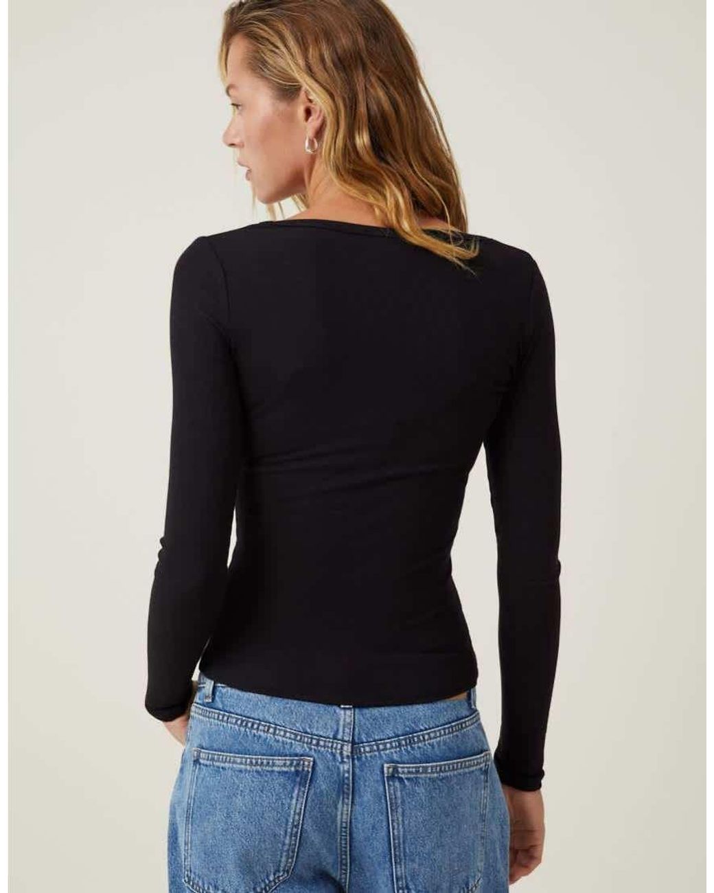 Cotton On Black Rib Scoop Neck Long Sleeve Top