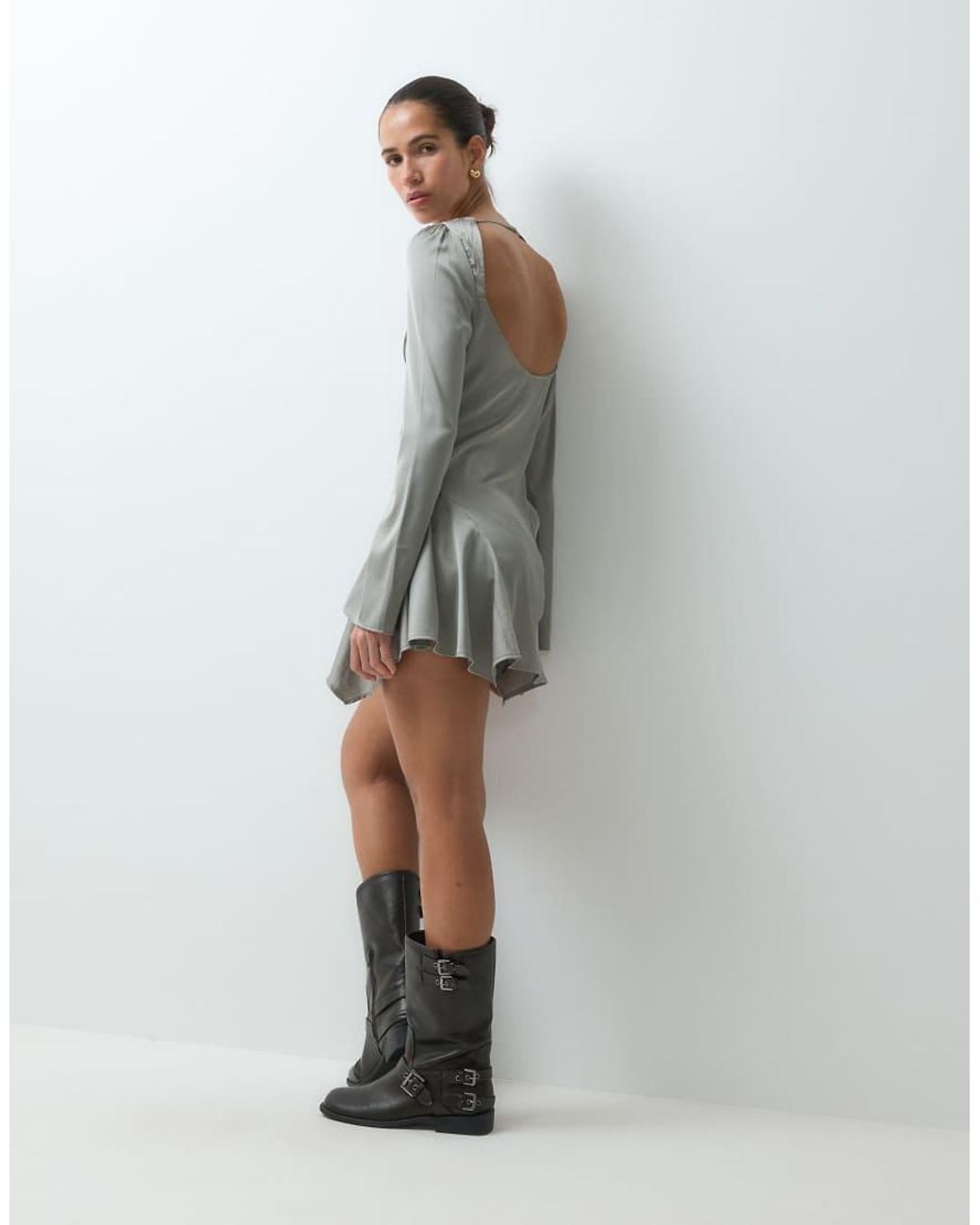 Monki Gray Asymmetric Long Sleeve Mini Dress With Open Back