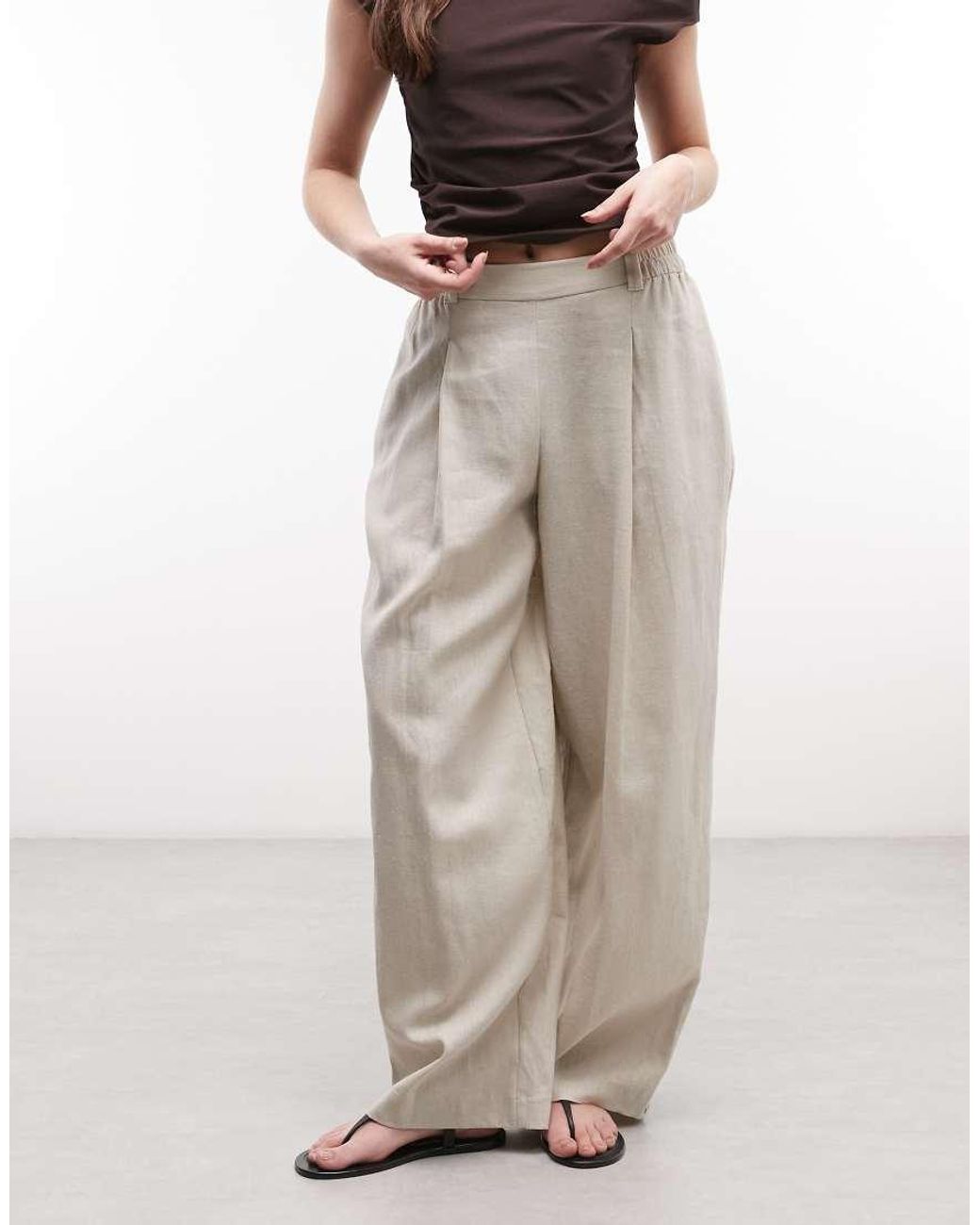 River Island Brown Linen Blend Elasticated Waist Wide Leg Trouser