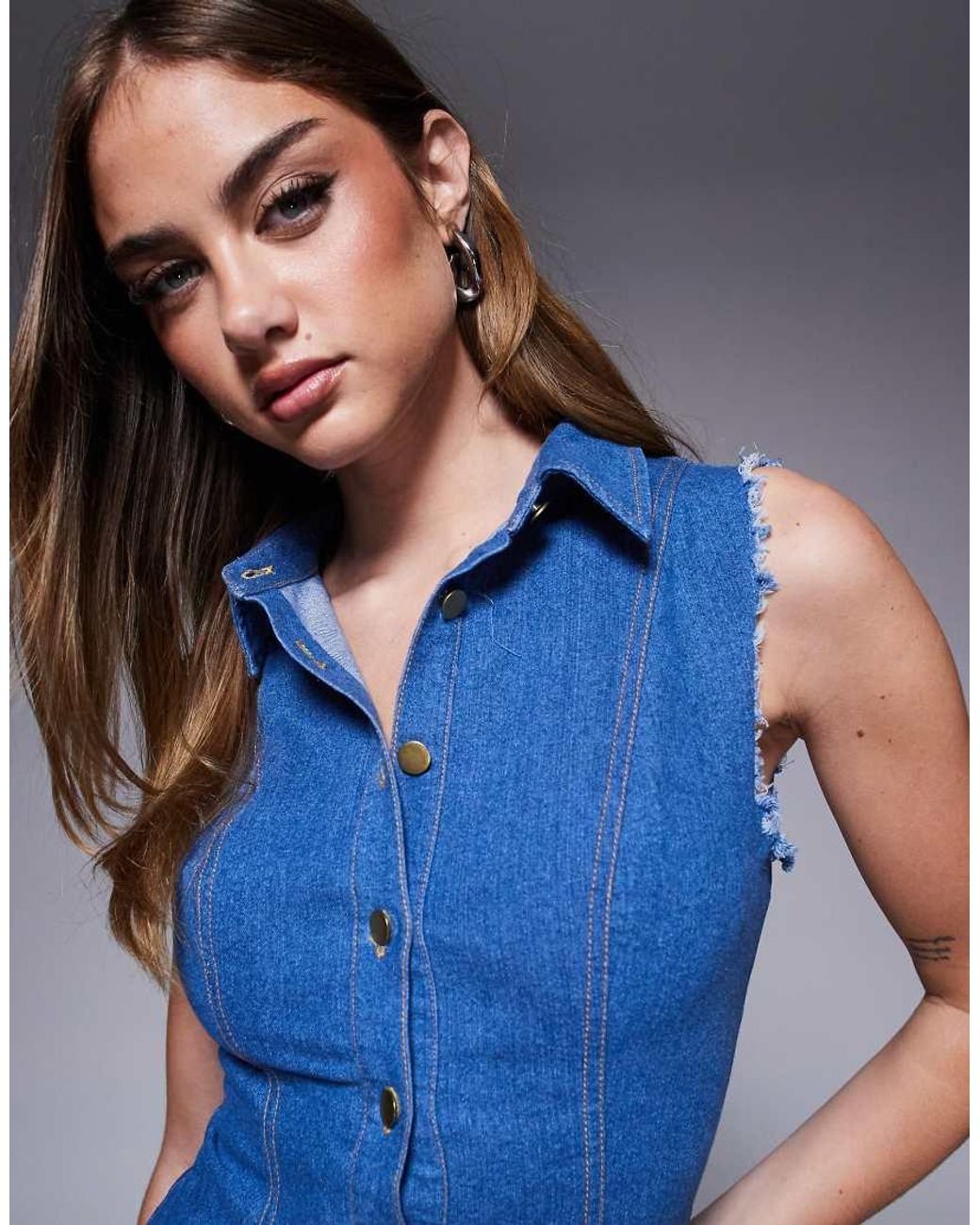 Goddiva Blue Denim Frayed Asymmetric Sleeveless Midaxi Shirt Dress