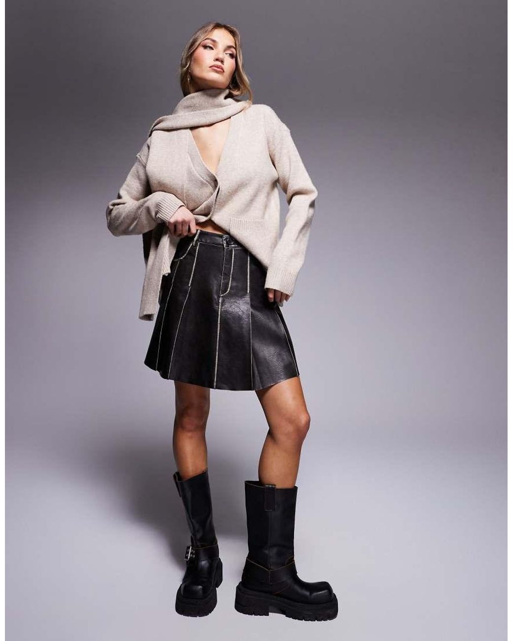 Pleated mini skirt faux leather sale