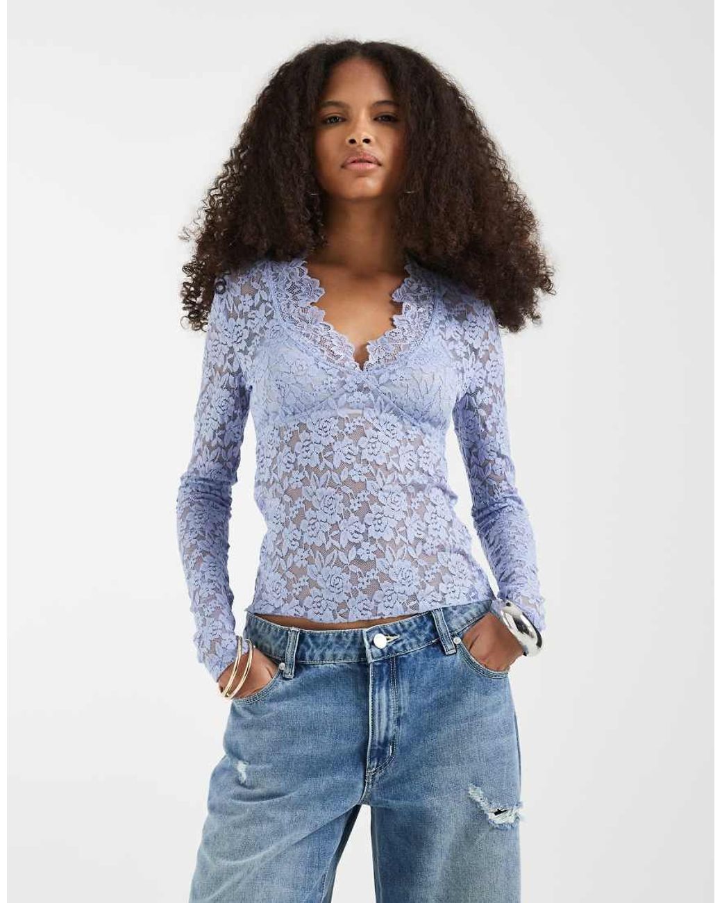 Free People Blue All Day Long Sleeve Lace Top