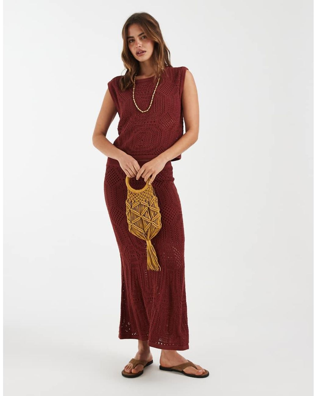 Aware Red Boatneck Patterned Crochet Vest Co-ord