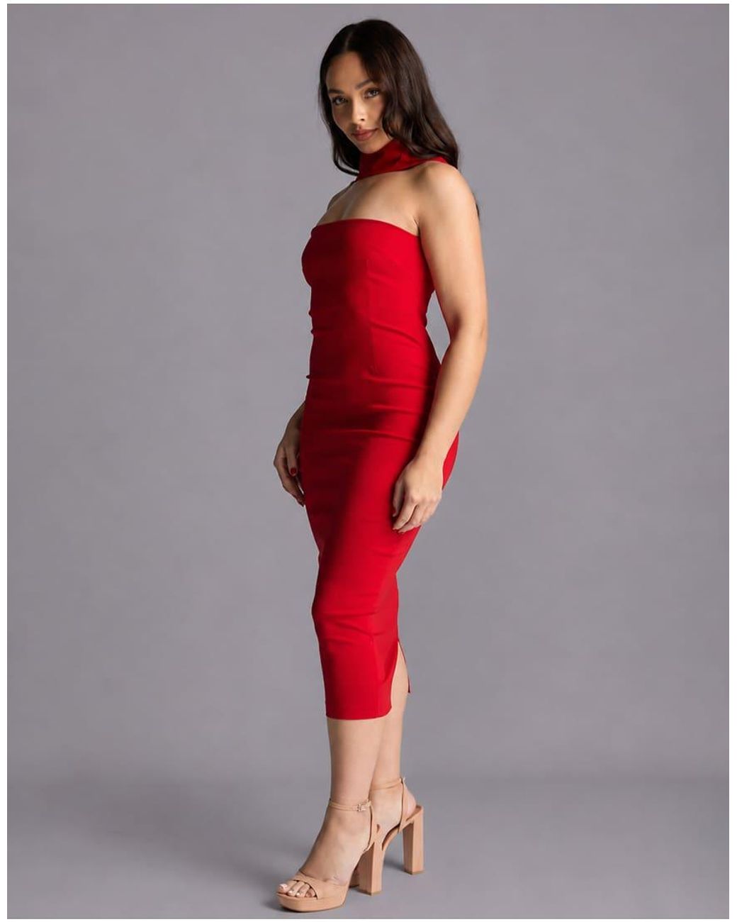 Vesper Petite Red Collar Detail Bodycon Midaxi Dress