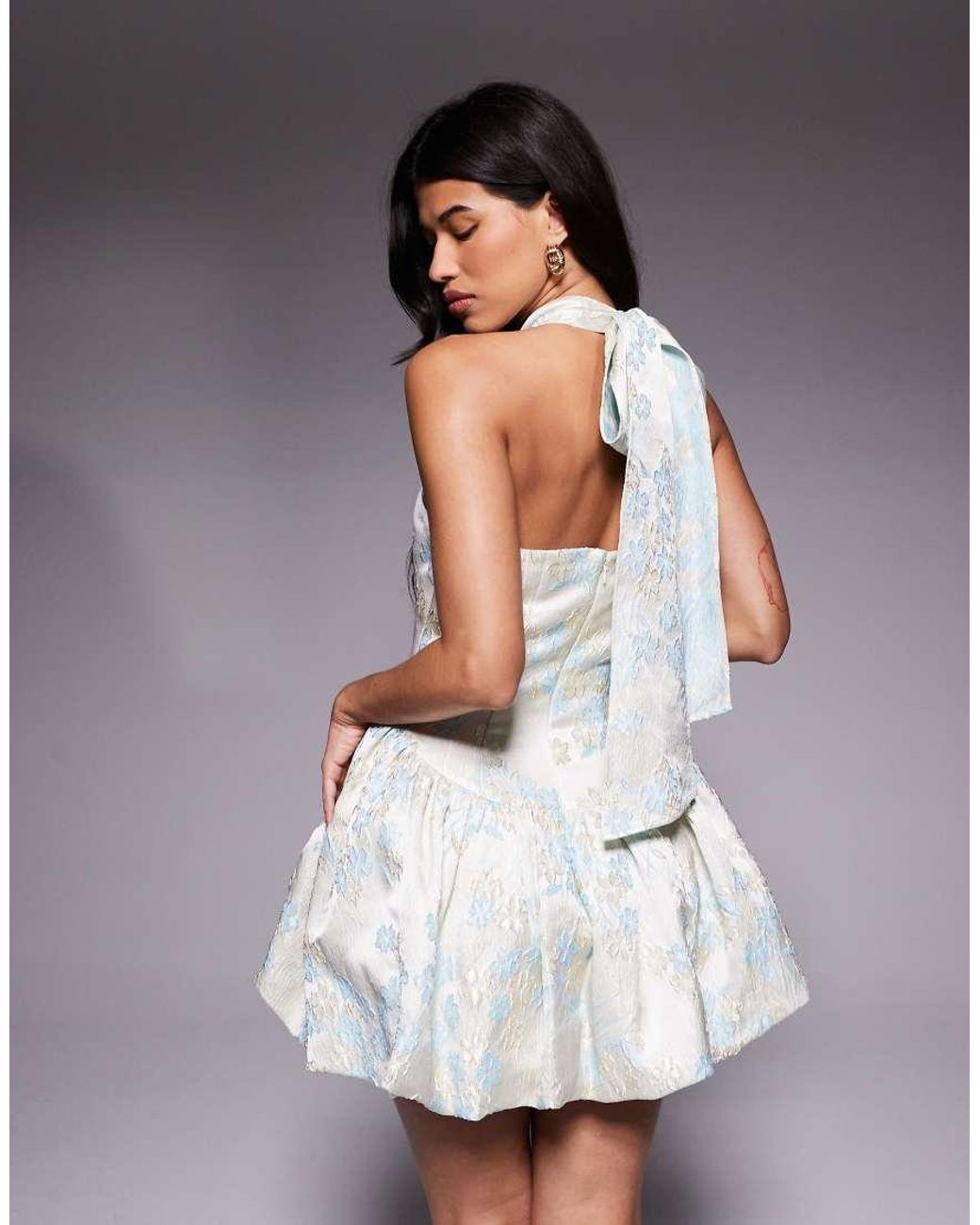 ASOS White Jacquard Mini Dress With Bubble Hem With Tie Neck