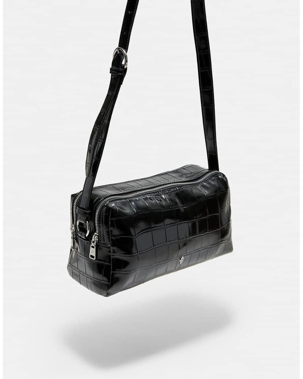 Stradivarius Black Crocodile-Effect Rectangular Crossbody Bag