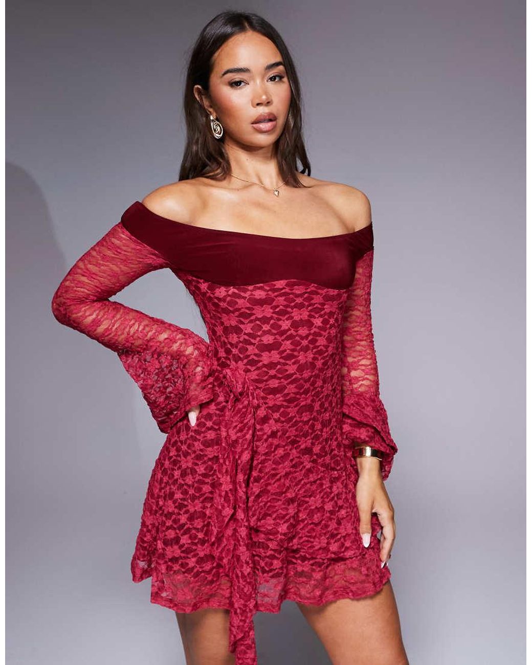 ASOS Red Lace Blocked Neck Bardot Mini Dress With Flippy Sleeves And Hitched Trim Detail Skirt