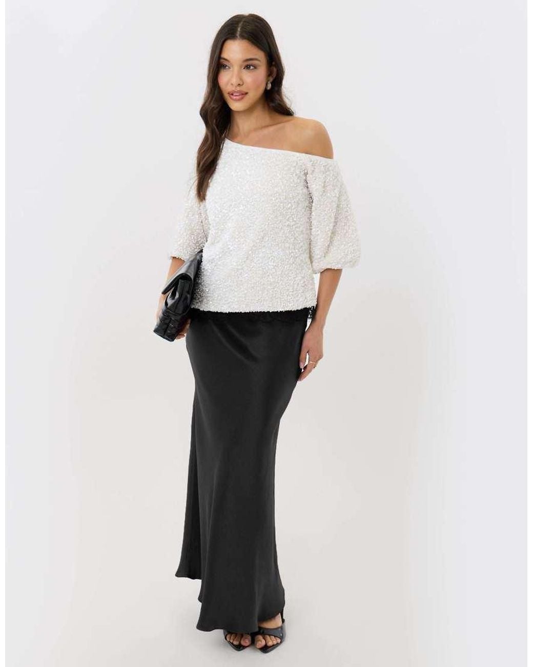 Threadbare White Sequin Slash Neck Puff Sleeve Top