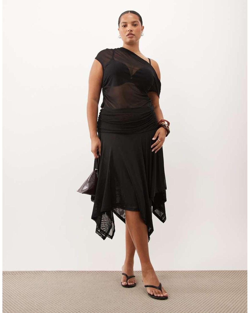 ASOS Black Asos Design Curve Sheer Mesh Ruched One Shoulder Asymmetric Top