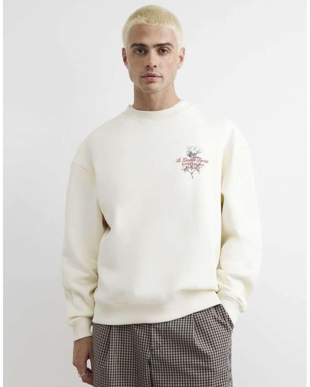 River Island White Regular Fit Cotton Floral Sweatshirt for men