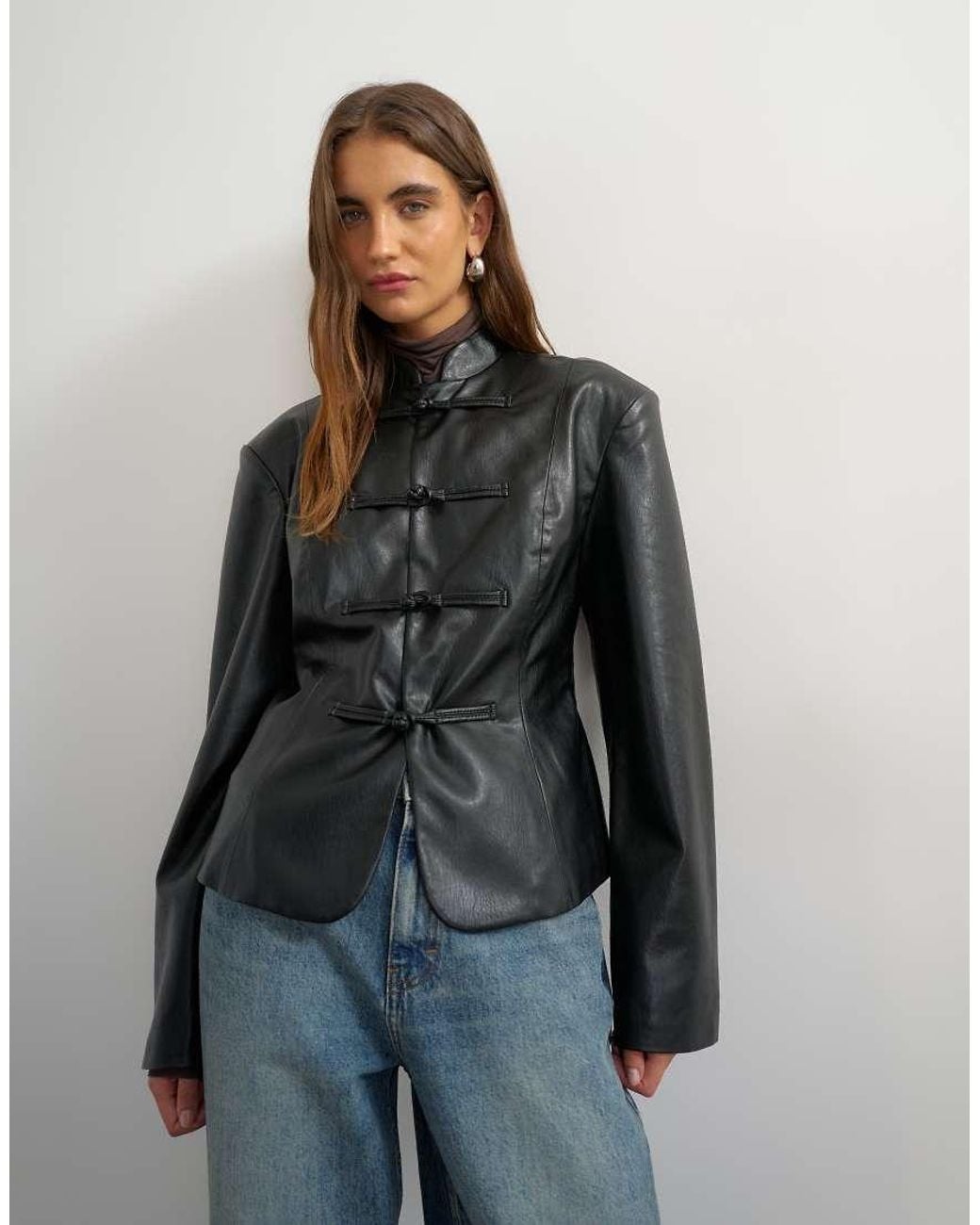 TOPSHOP Black Faux Leather frogging Fastening Blazer