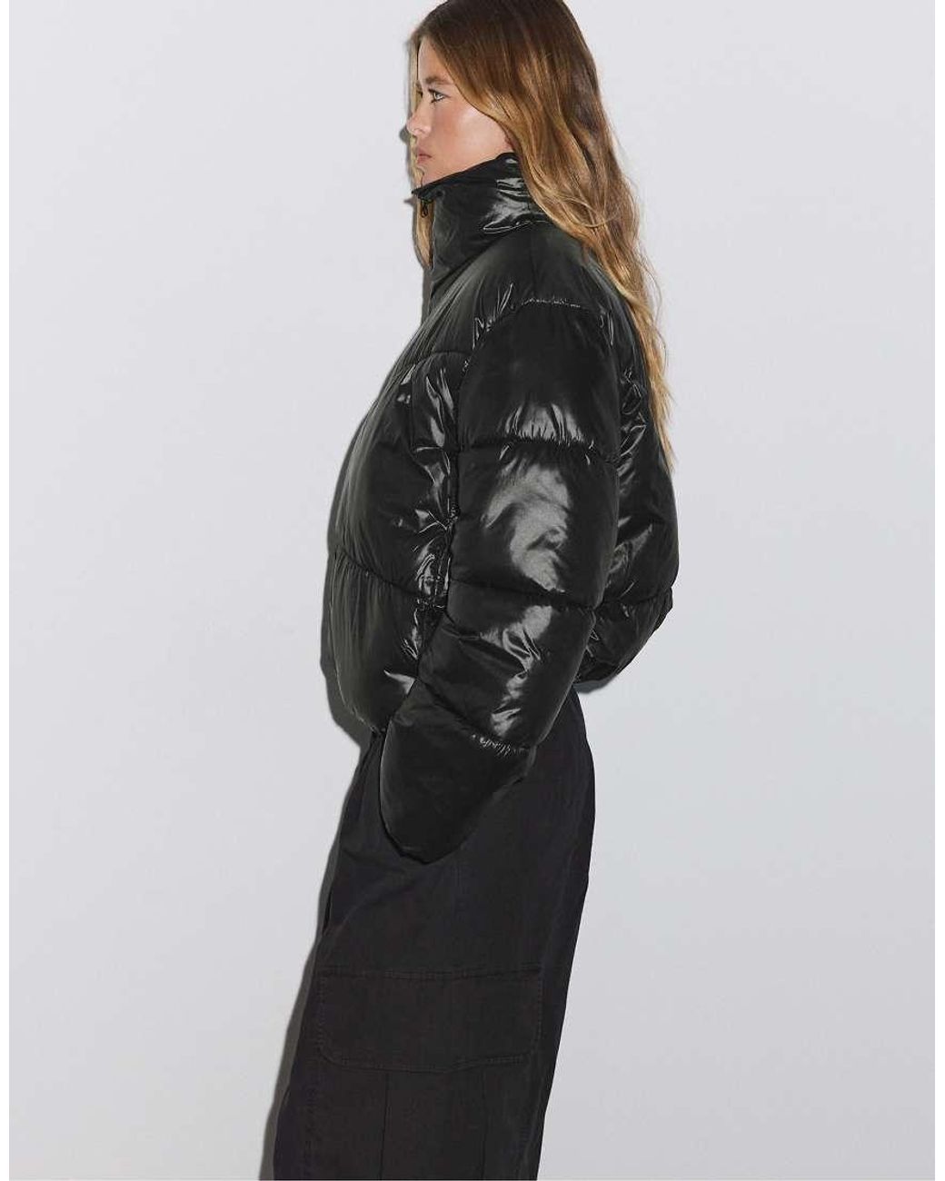 Stradivarius Black Cropped High Neck Padded Jacket