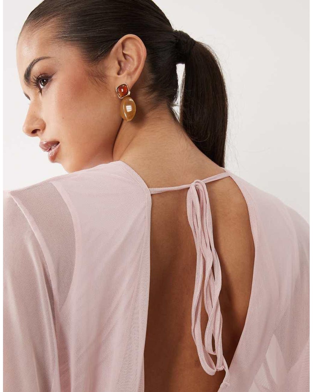 ASOS Pink Mesh Cowl Drape Blouson Mesh Top