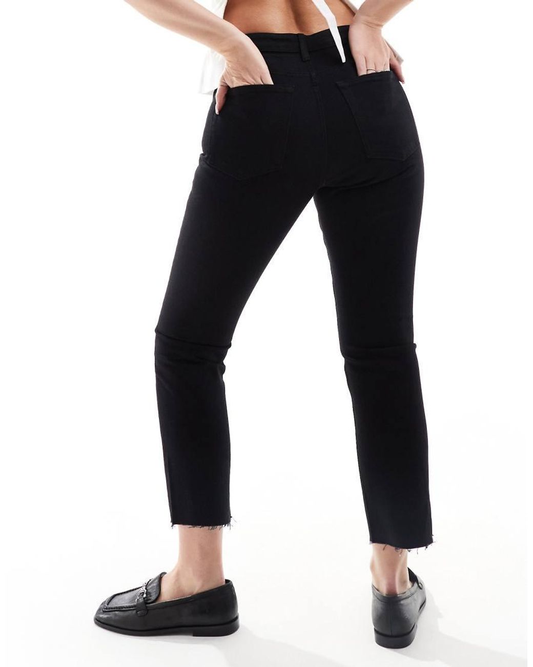 Topshop Hourglass Black Mid Rise Straight Cropped Jean With Raw Hem
