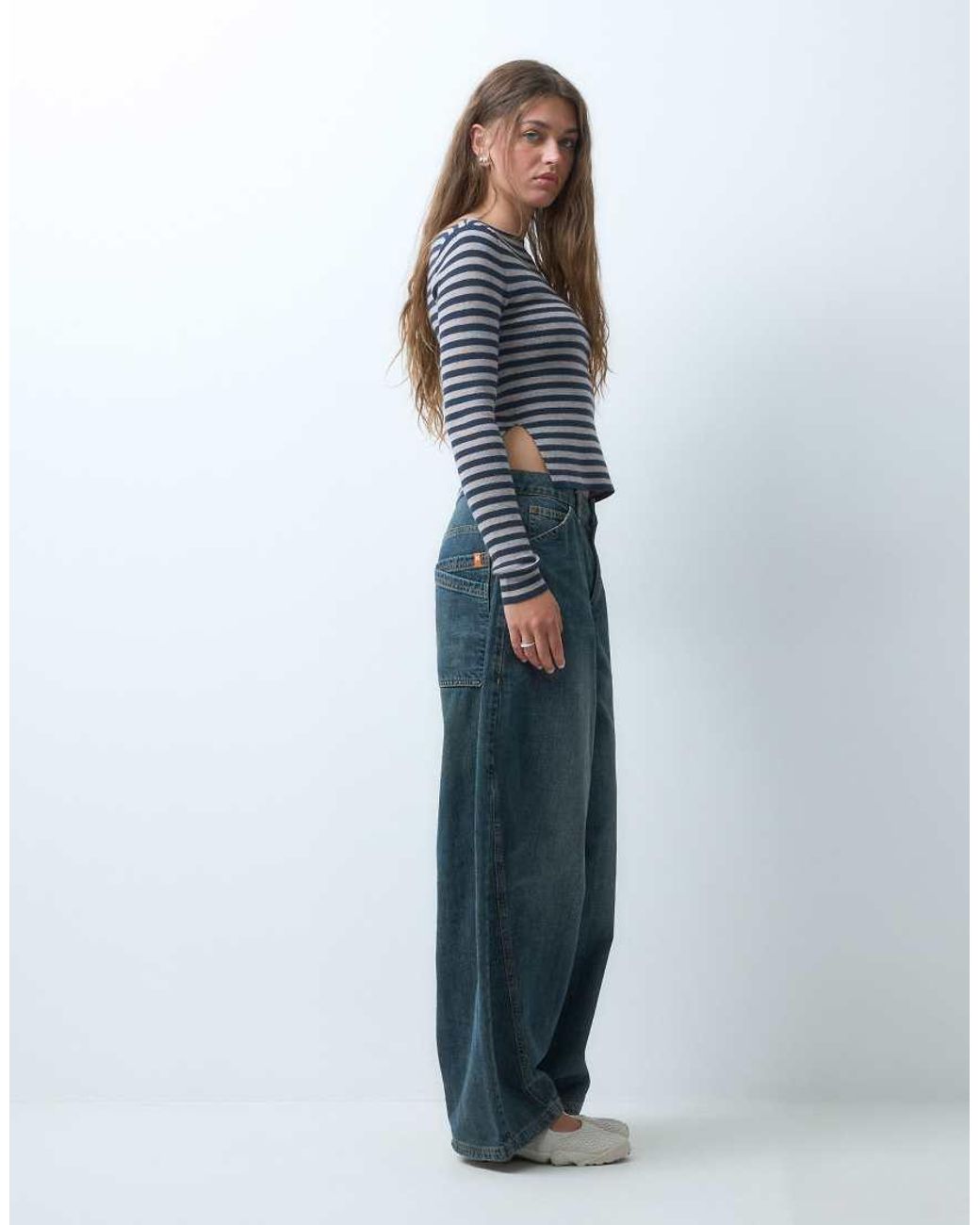 Collusion Blue Stripe Knitted Slash Neck Top