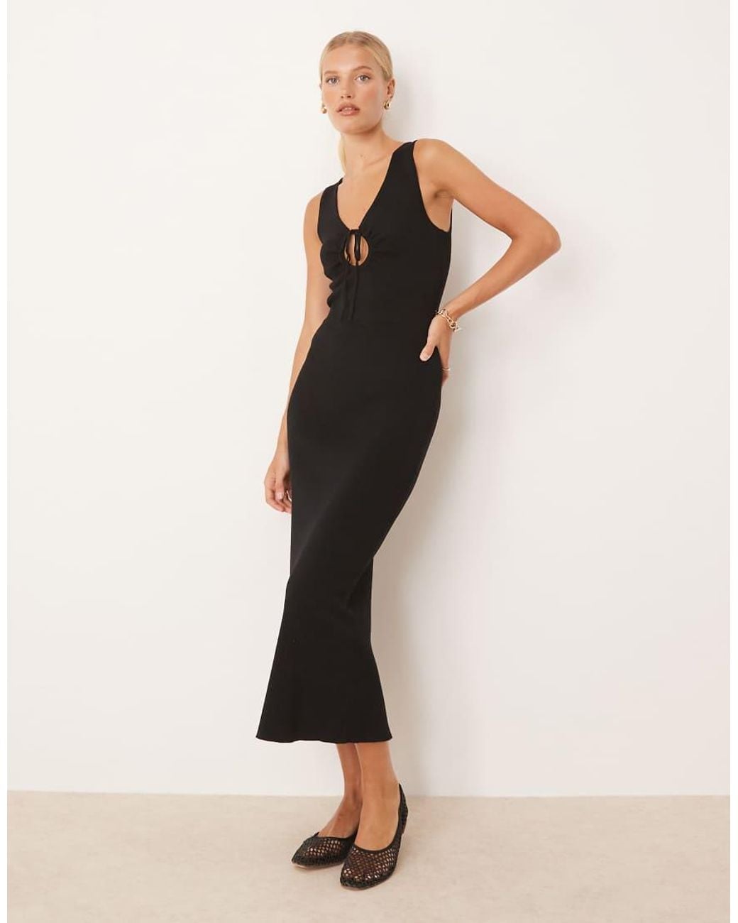 Mango Natural Compact Knit Midi Tea Dress With Tie Detail