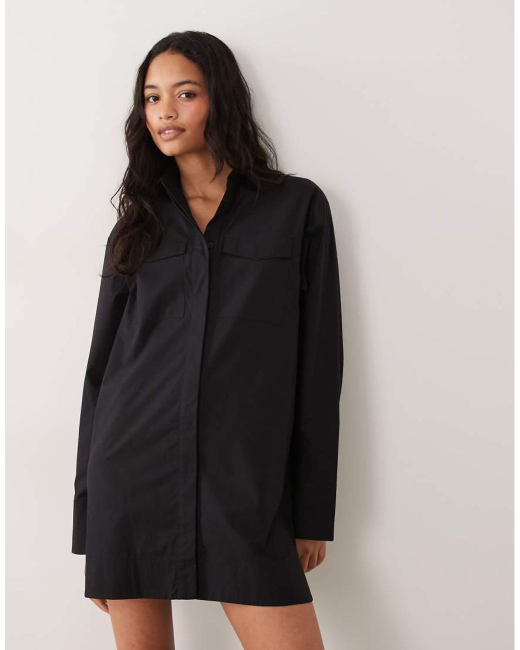 ASOS Black Poplin Mini Shirt Dress With Wide Cuffs And Oversized Pockets