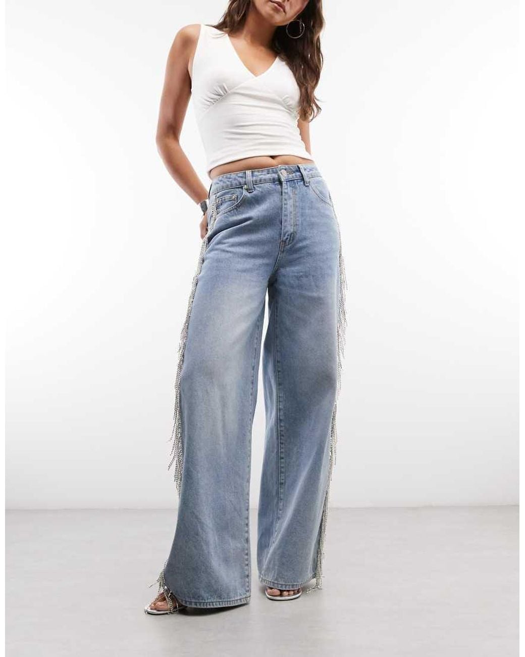 Liquor N Poker Blue Straight Leg Fringe Detail Jeans Co-Ord