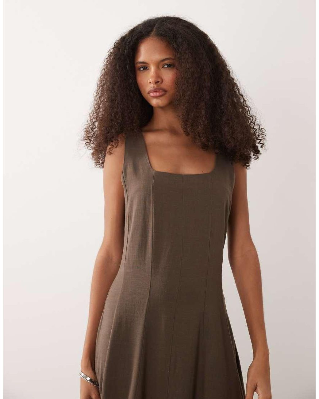 Vila Natural Square Neck Linen-touch Midi Dress