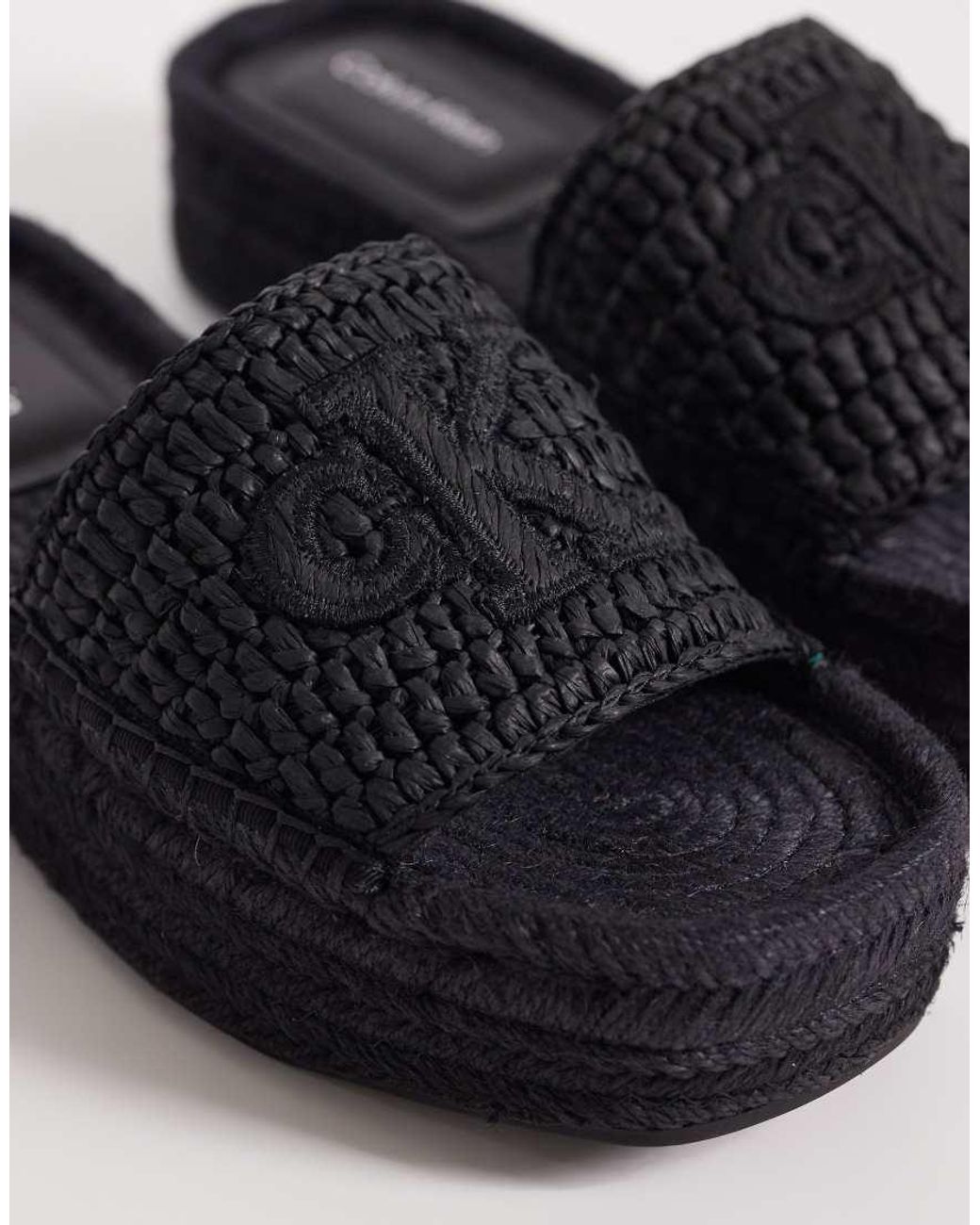 Calvin Klein Black Jeans Raffia Flatform Espadrille Sandals