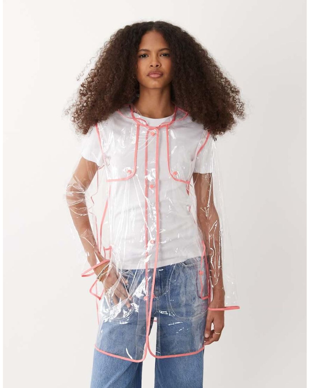 Brave Soul White Clear Festival Rain Mac With Pink Seam Detail