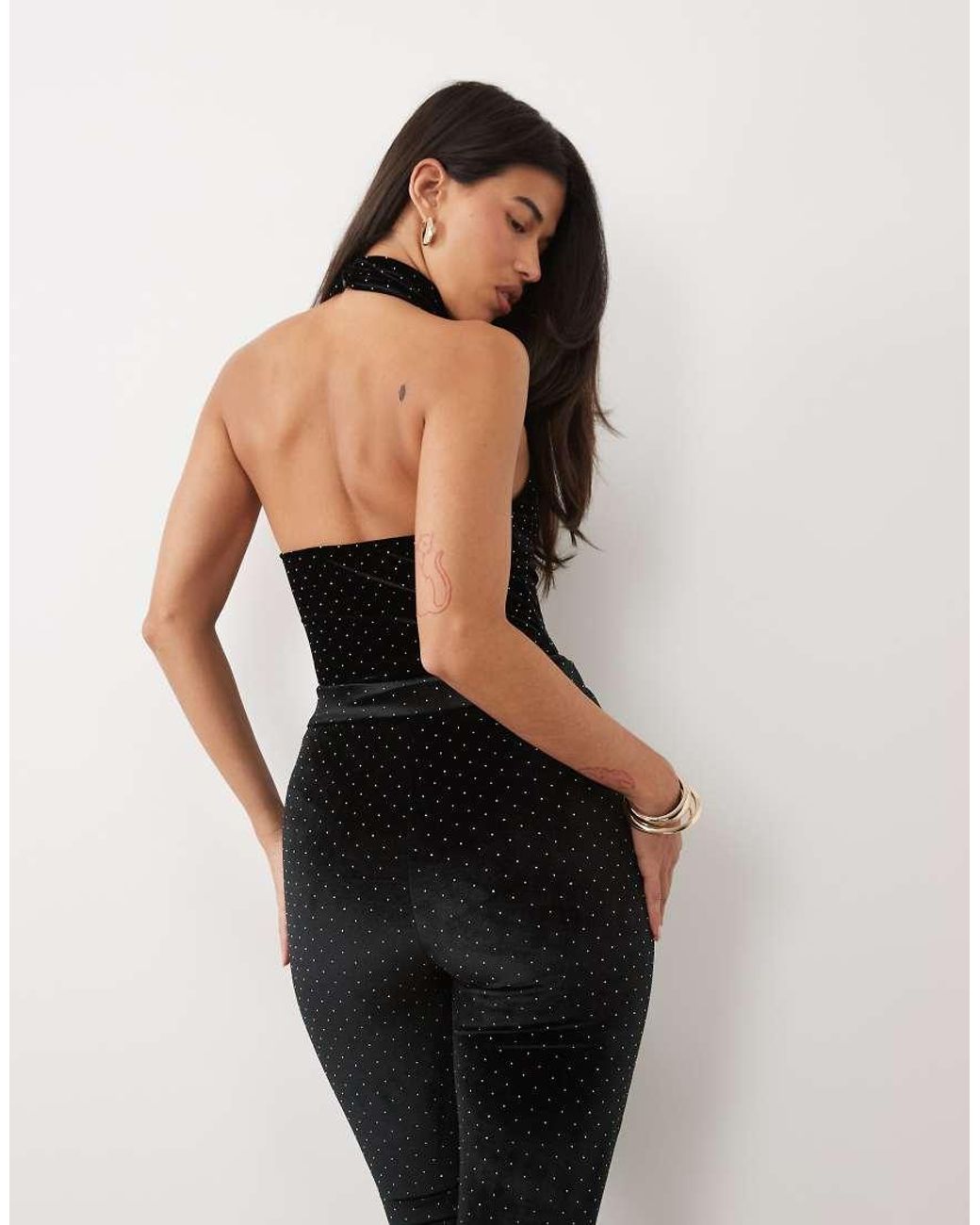 Ruched & Ready Black High Neck Racer Halterneck Velvet Hotfix Bodysuit Co-Ord