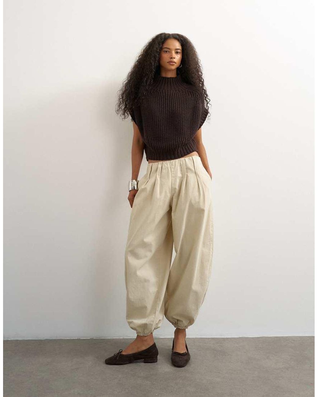 TOPSHOP Brown Knitted Slouchy Short Sleeve Ribbed Top With Wool