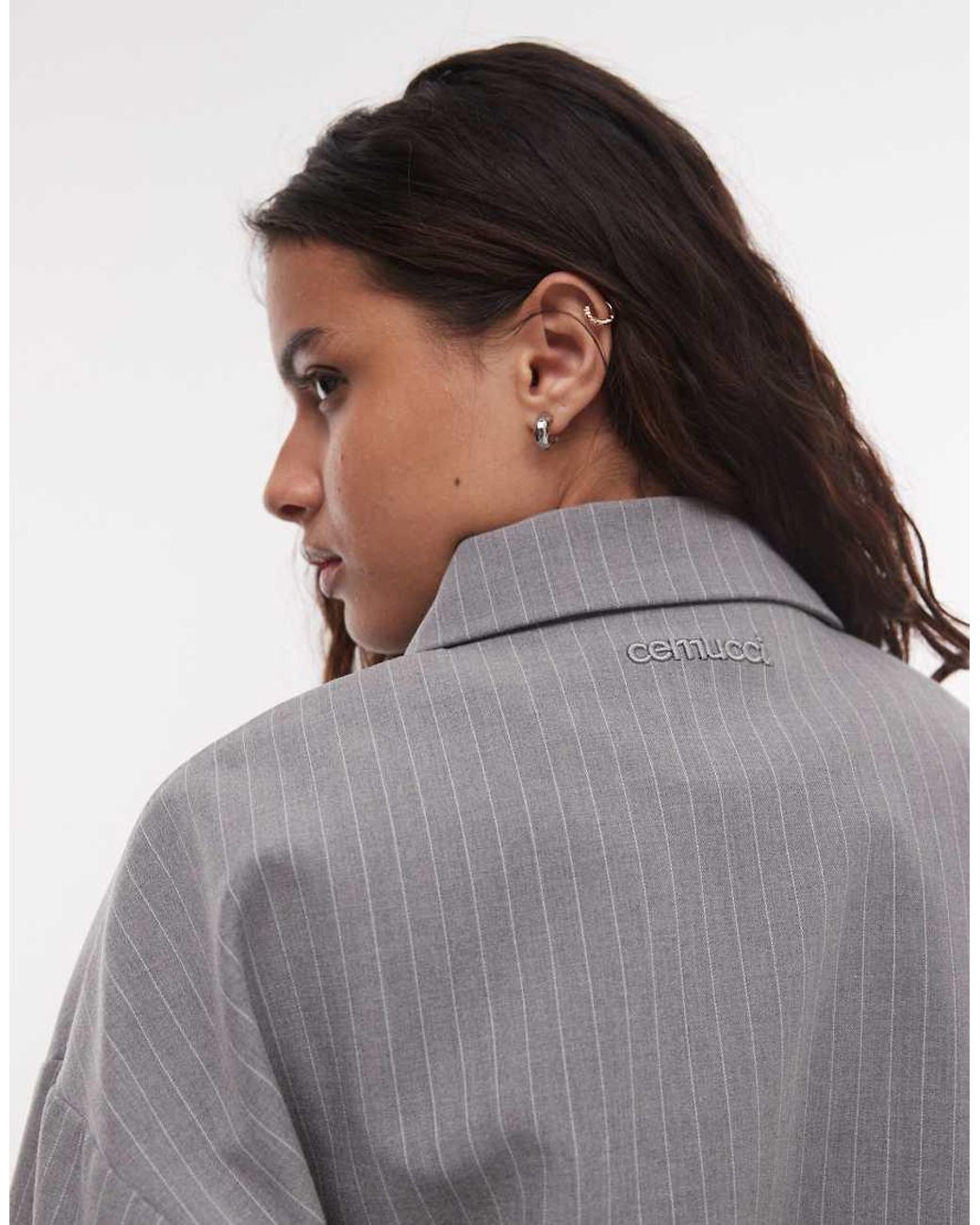 CERNUCCI Gray Pinstripe Collared Bomber Jacket Co-Ord