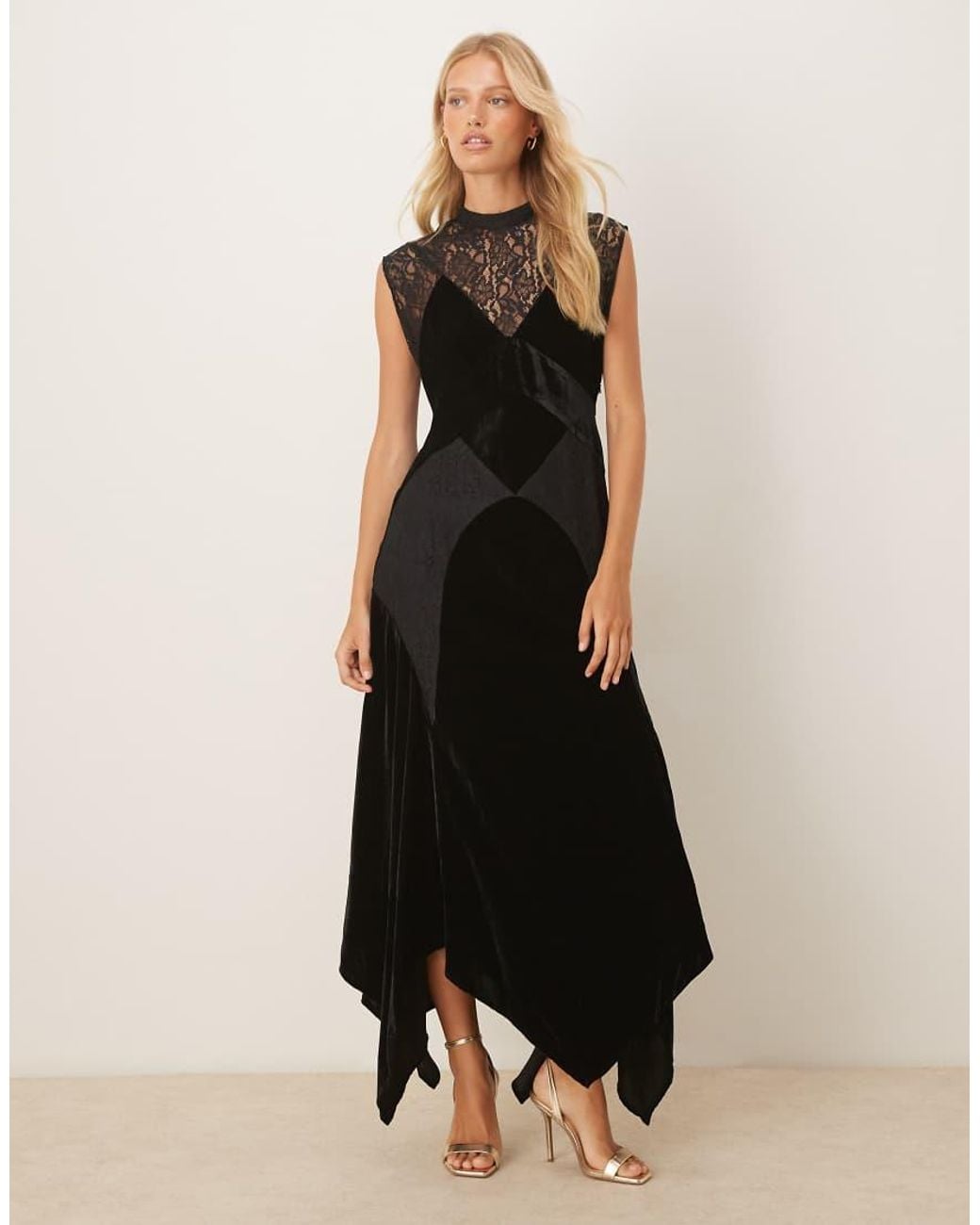 ASOS Black Velvet And Lace Mix Maxi Dress With Hanky Hem