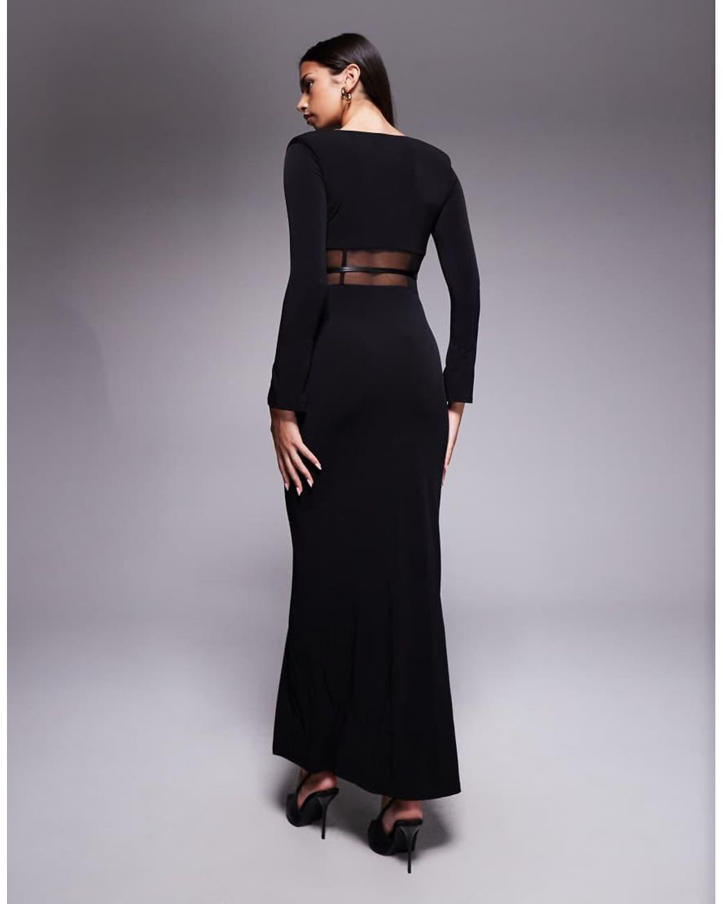 ASOS Blue Long Sleeve Belted Maxi Dress With Mesh Paneling