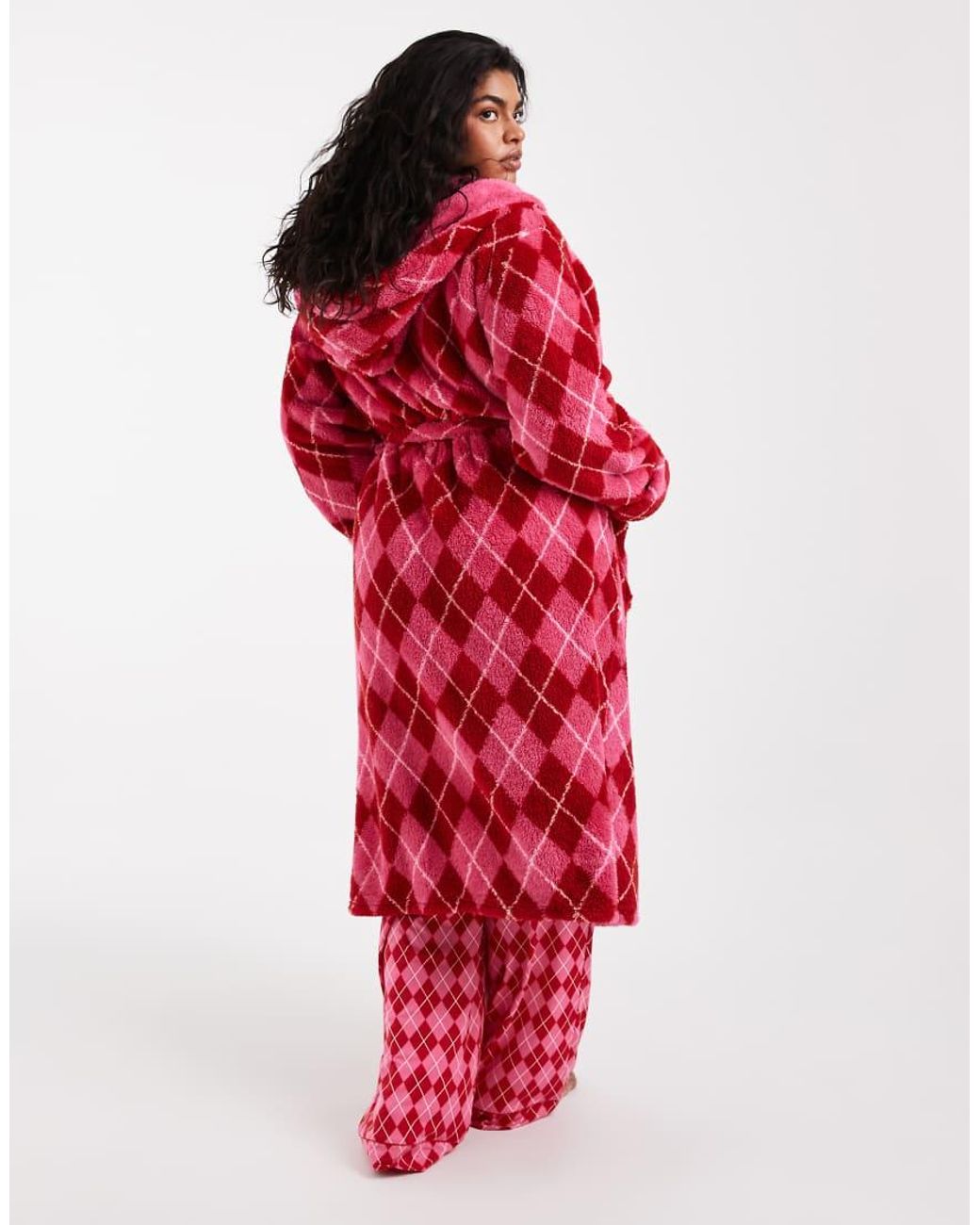 Loungeable Red Curve Cosy Hooded Midi Dressing Gown