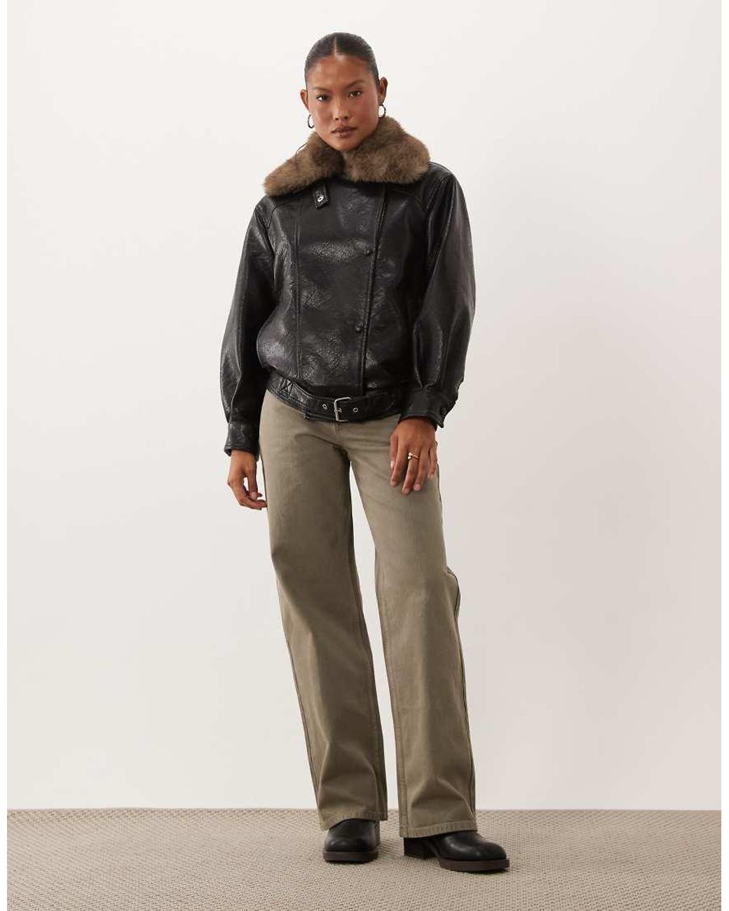 ASOS Black Asos Design Petite Leather Look Moto Jacket With Tan Faux Fur Collar