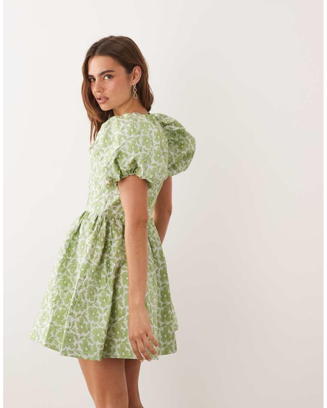 Sister Jane Green Freja Jacquard Round Neck Puff Sleeve Mini Dress