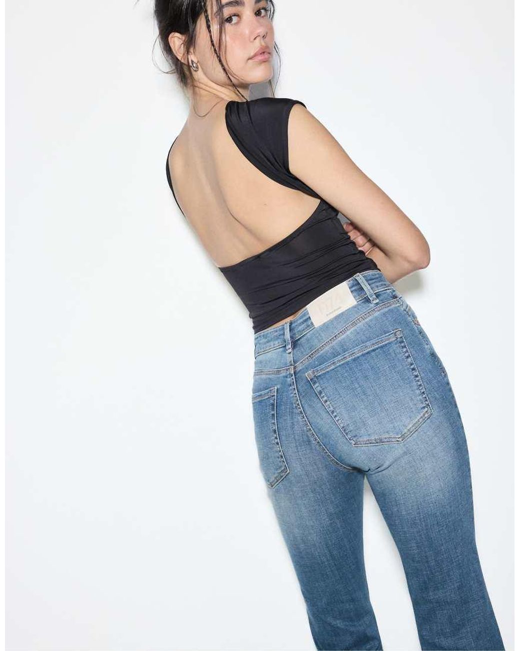 Stradivarius Blue D74 Bell Bottom Stretch Slit Jeans