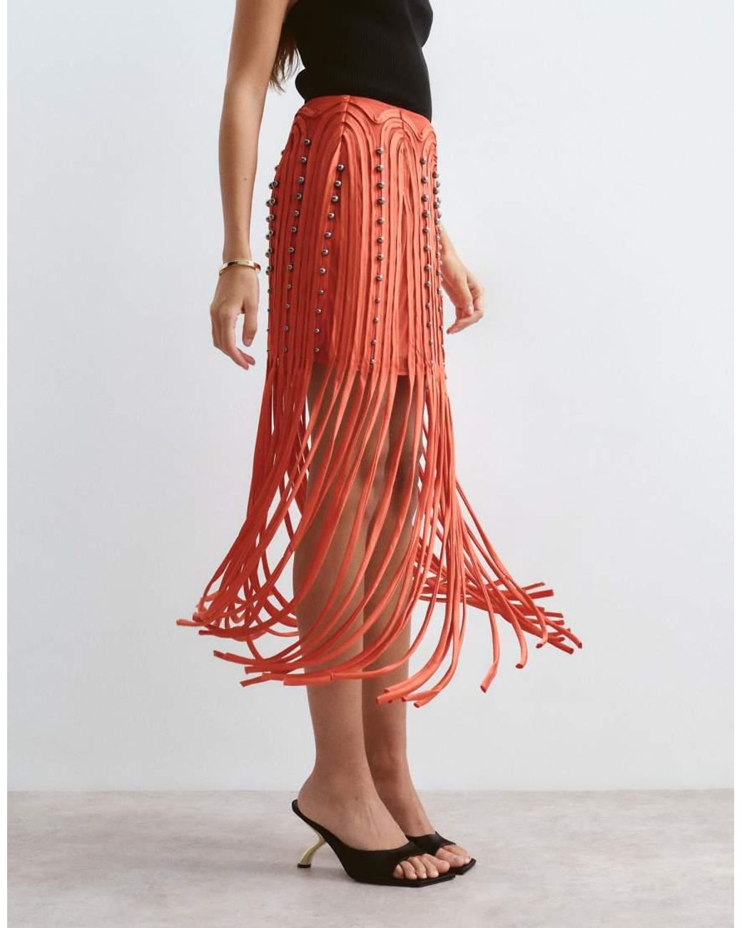 ARRANGE Red Beaded Linear Fringe Hem Midi Skirt