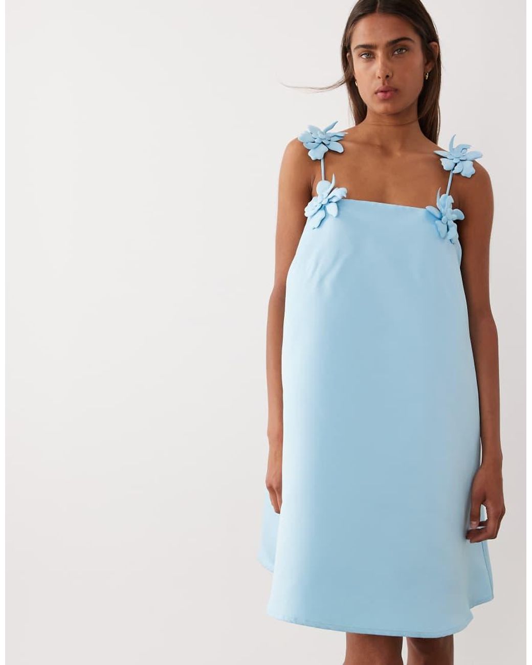 Y.A.S Blue Structured Satin Mini Dress With Floral Appliqué Straps