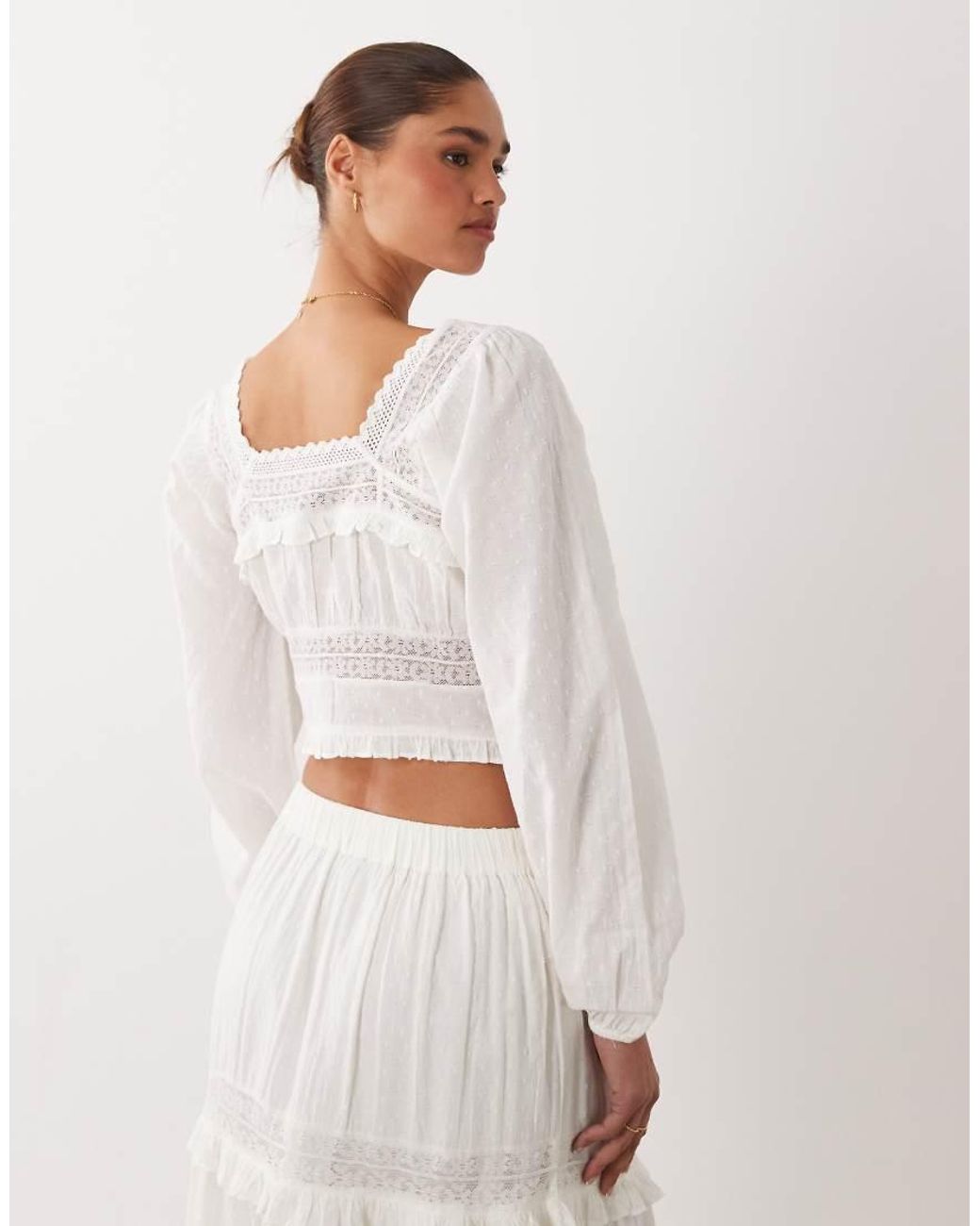 Nobody's Child White Lola Cotton Square Neck Puff Sleeve Lace Insert Top