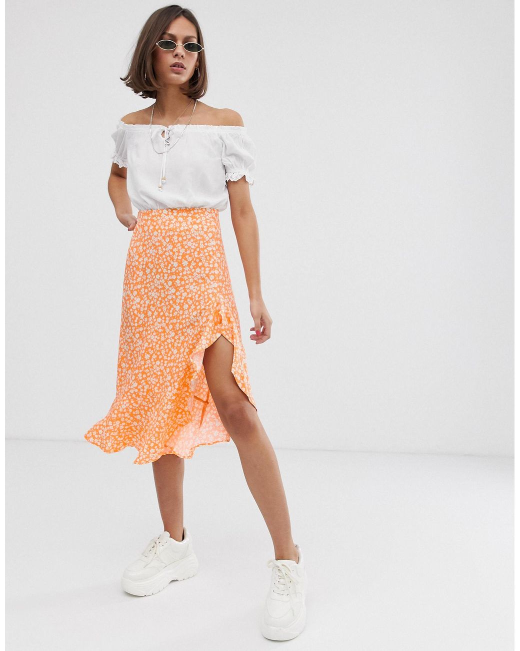 Bershka Denim Ditsy Floral Asymmetric Skirt in Orange | Lyst