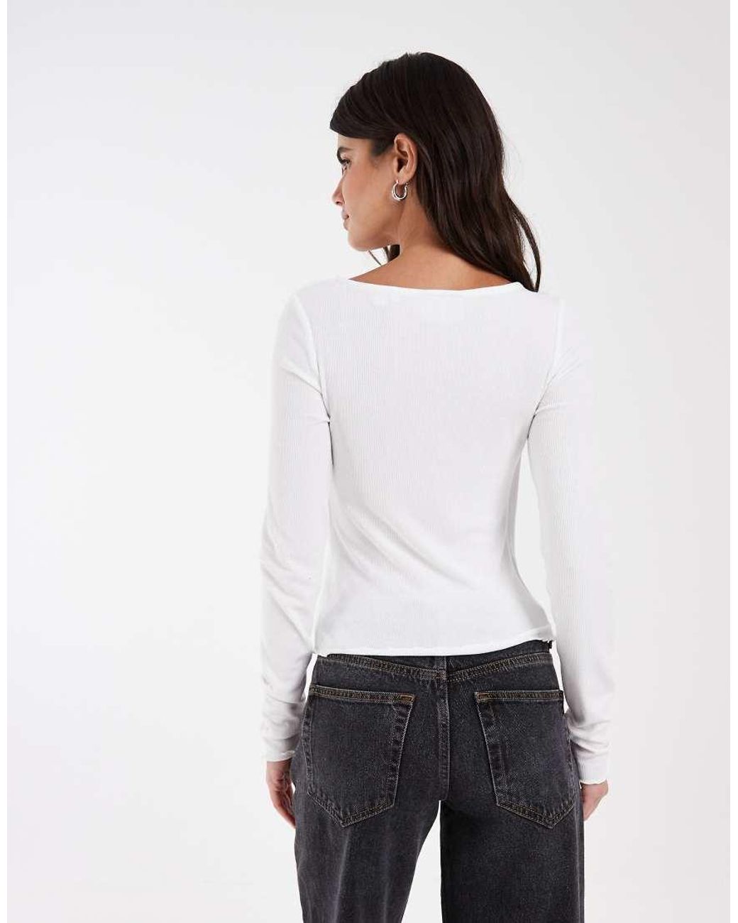 JJXX White Rib Long Sleeve Tie Front Top