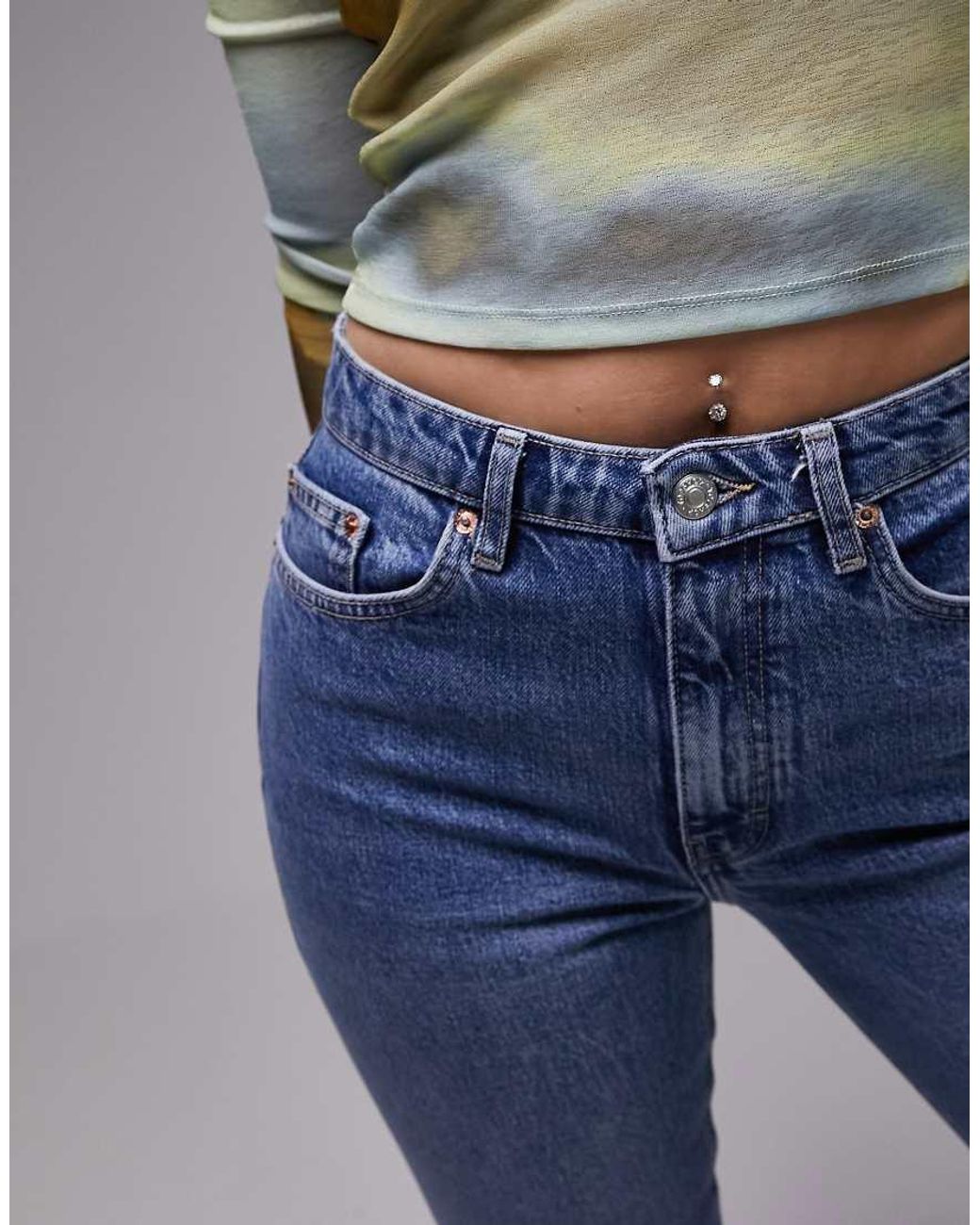 Topshop Hourglass Blue Mid Rise Straight Cropped Jeans With Raw Hems