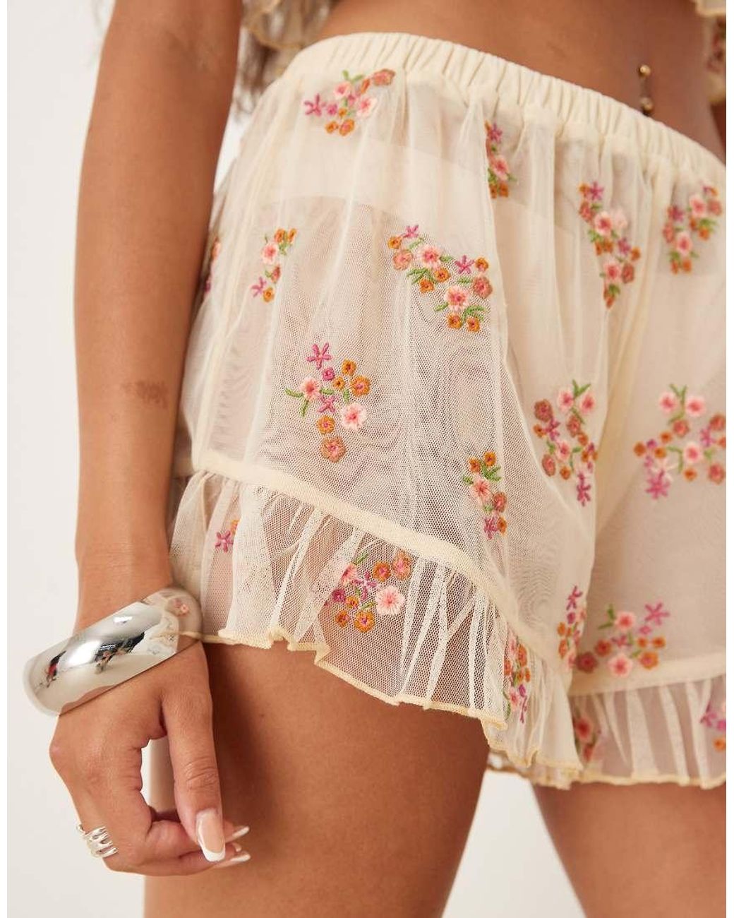 ASOS Brown Sheer Flippy Shorts With Embroidery
