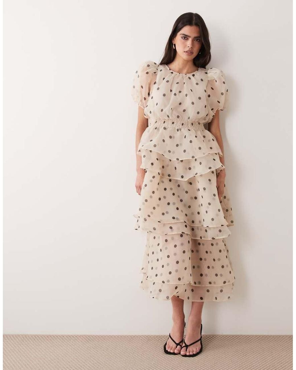 Vila Natural Polka Dot Volume Sleeve Ruffle Midi Dress