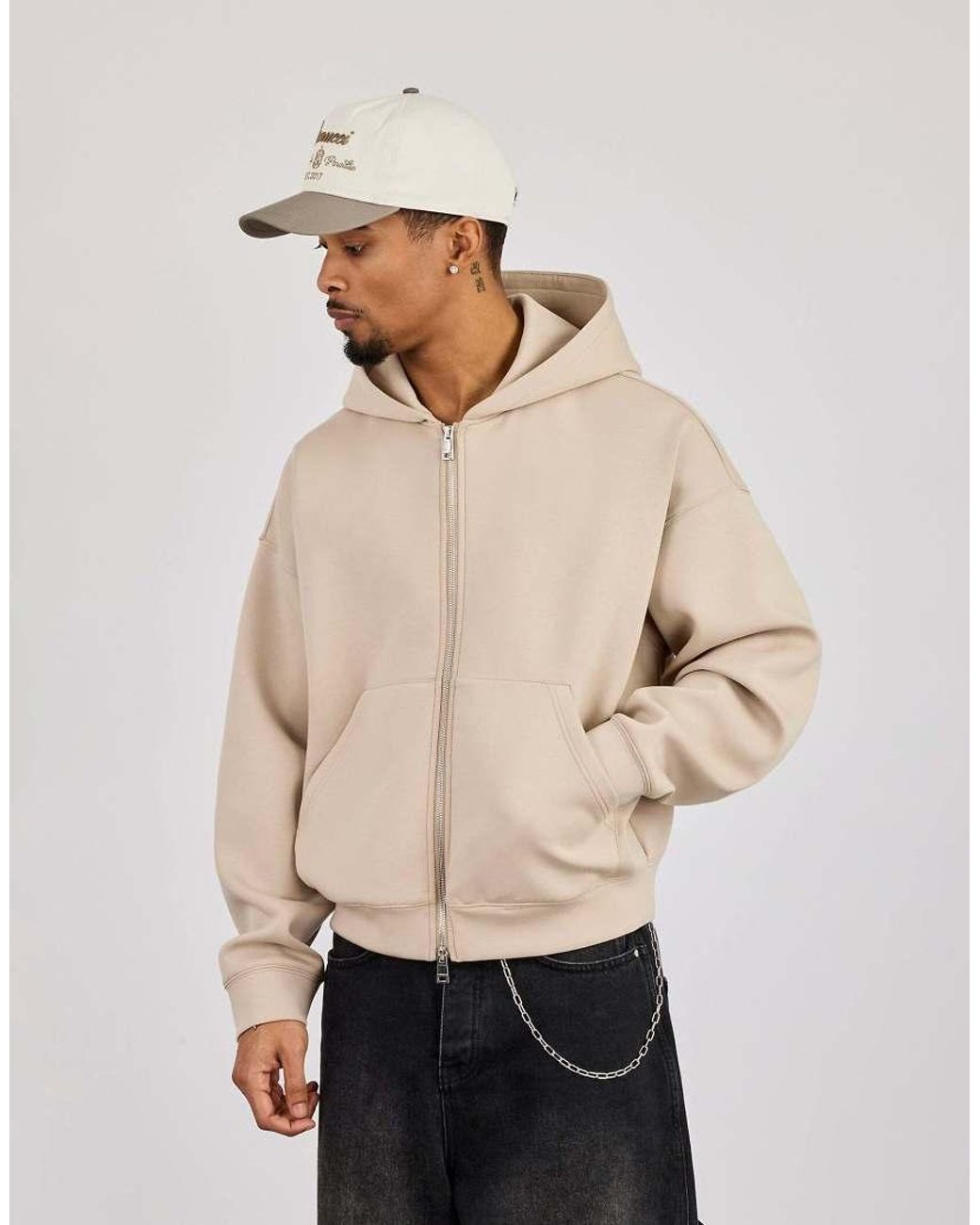 CERNUCCI Natural Double Knit Zip Through Boxy Hoodie for men