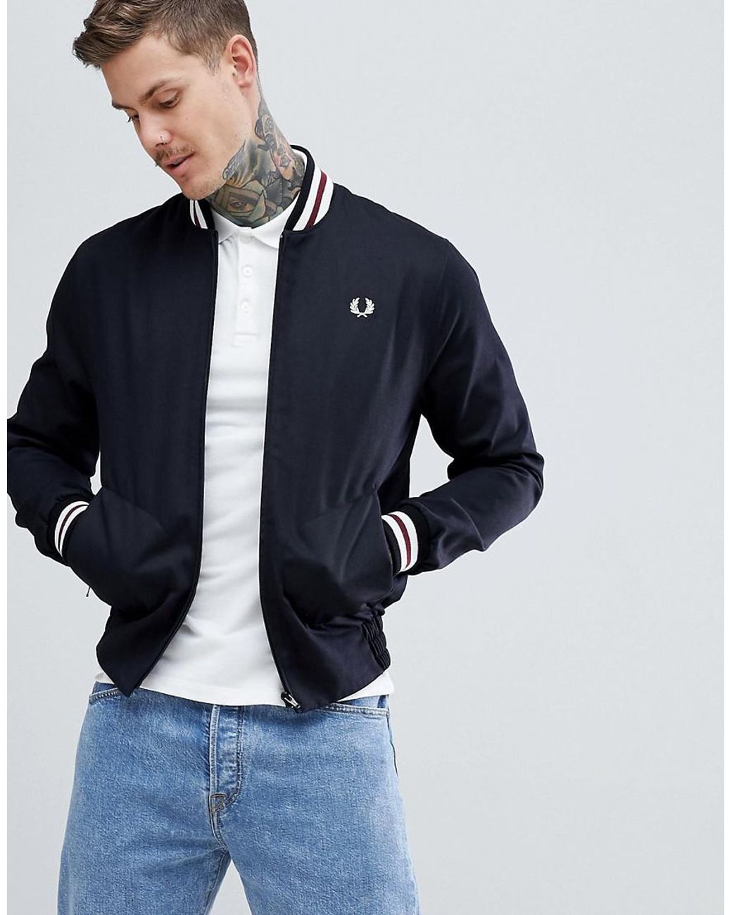 Fred Perry Reissues Tipped Varsity Bomber Jacket In Navy In
