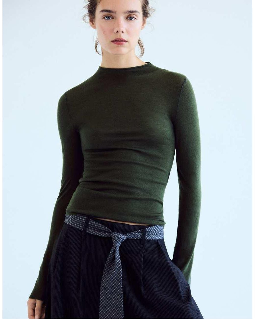 Stradivarius Blue Basic Wool And Silk Funnel-neck Jumper