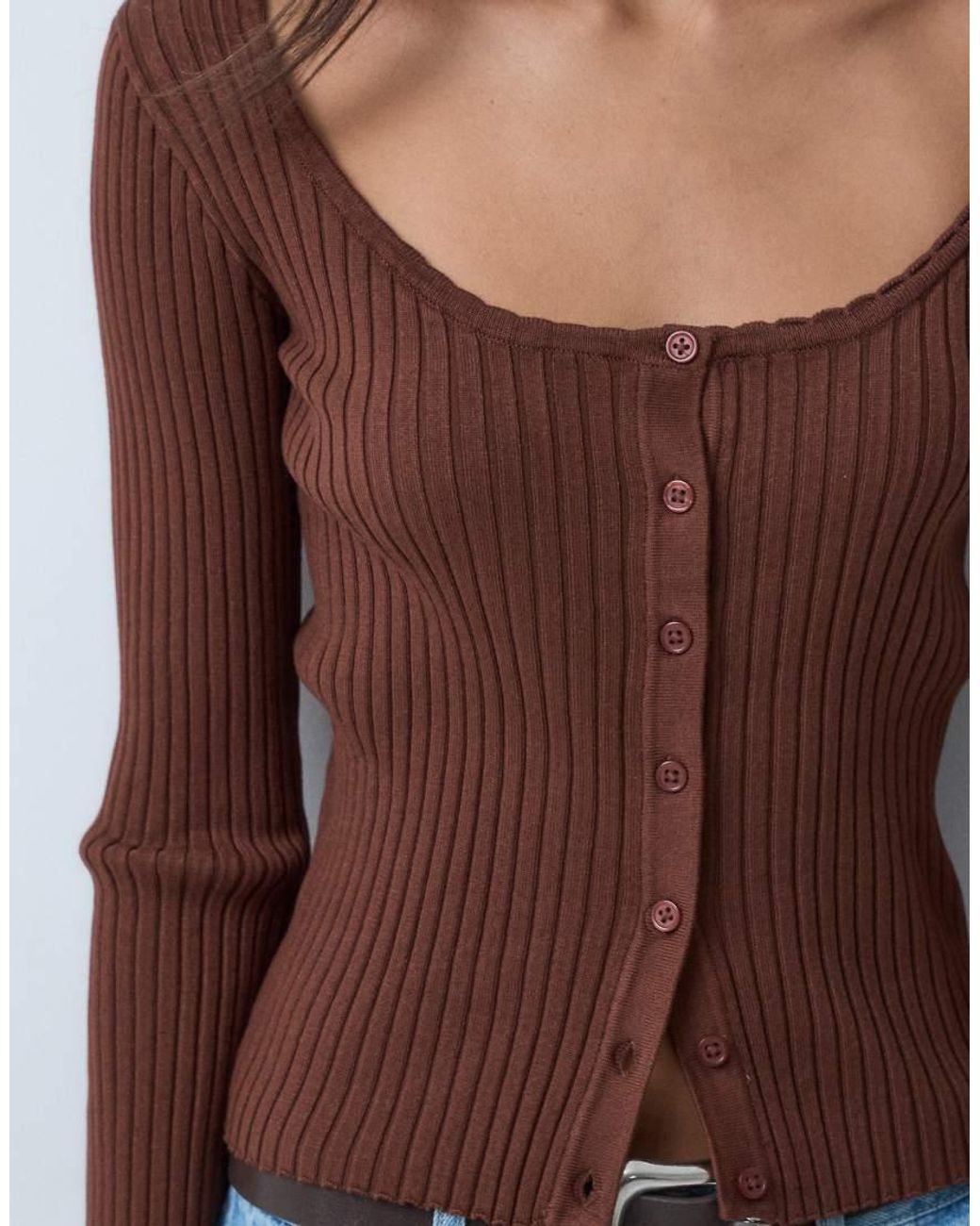 Miss Selfridge Brown Rib Knit Scoop Neck Button Through Top